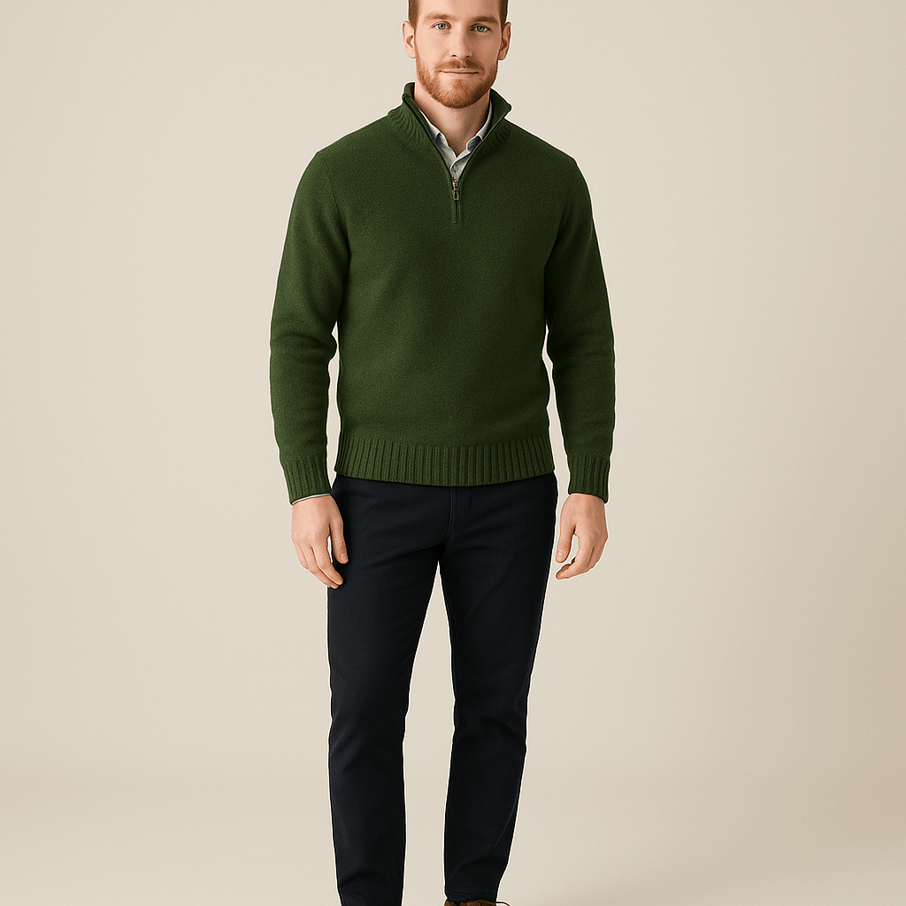 Heren Half - Zip Sweater - Staande Kraag en Glad Breiwerk - ZAMISI