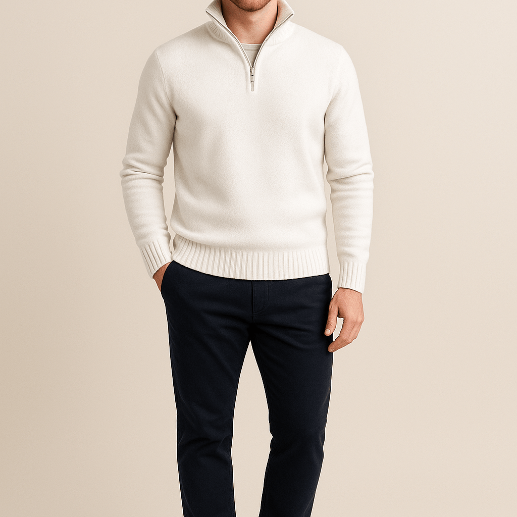 Heren Half - Zip Sweater - Staande Kraag en Glad Breiwerk - ZAMISI