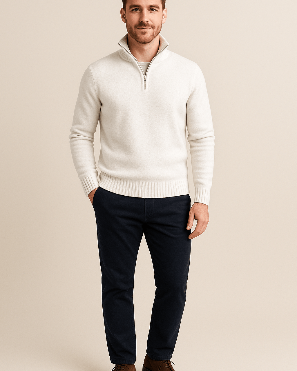 Heren Half - Zip Sweater - Staande Kraag en Glad Breiwerk - ZAMISI