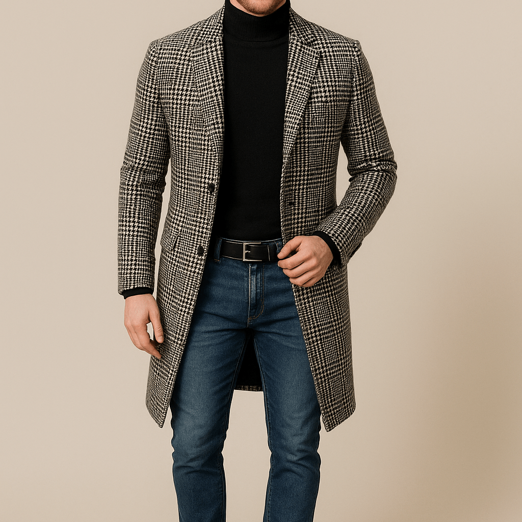 Heren Zwarte Mantel met Patroon - Gekerfde Revers en Enkele Rij Knoopsluiting - ZAMISI