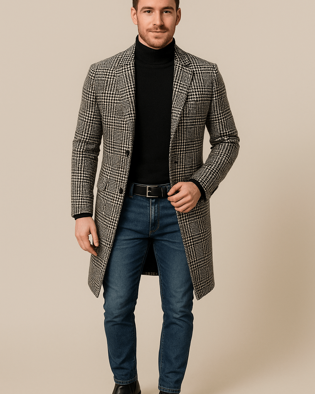 Heren Zwarte Mantel met Patroon - Gekerfde Revers en Enkele Rij Knoopsluiting - ZAMISI