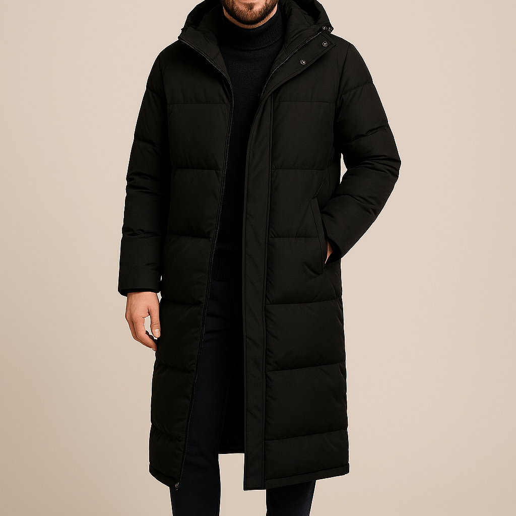 Heren Zwarte Puffer Jas - Met Capuchon en Lange Lengte - ZAMISI