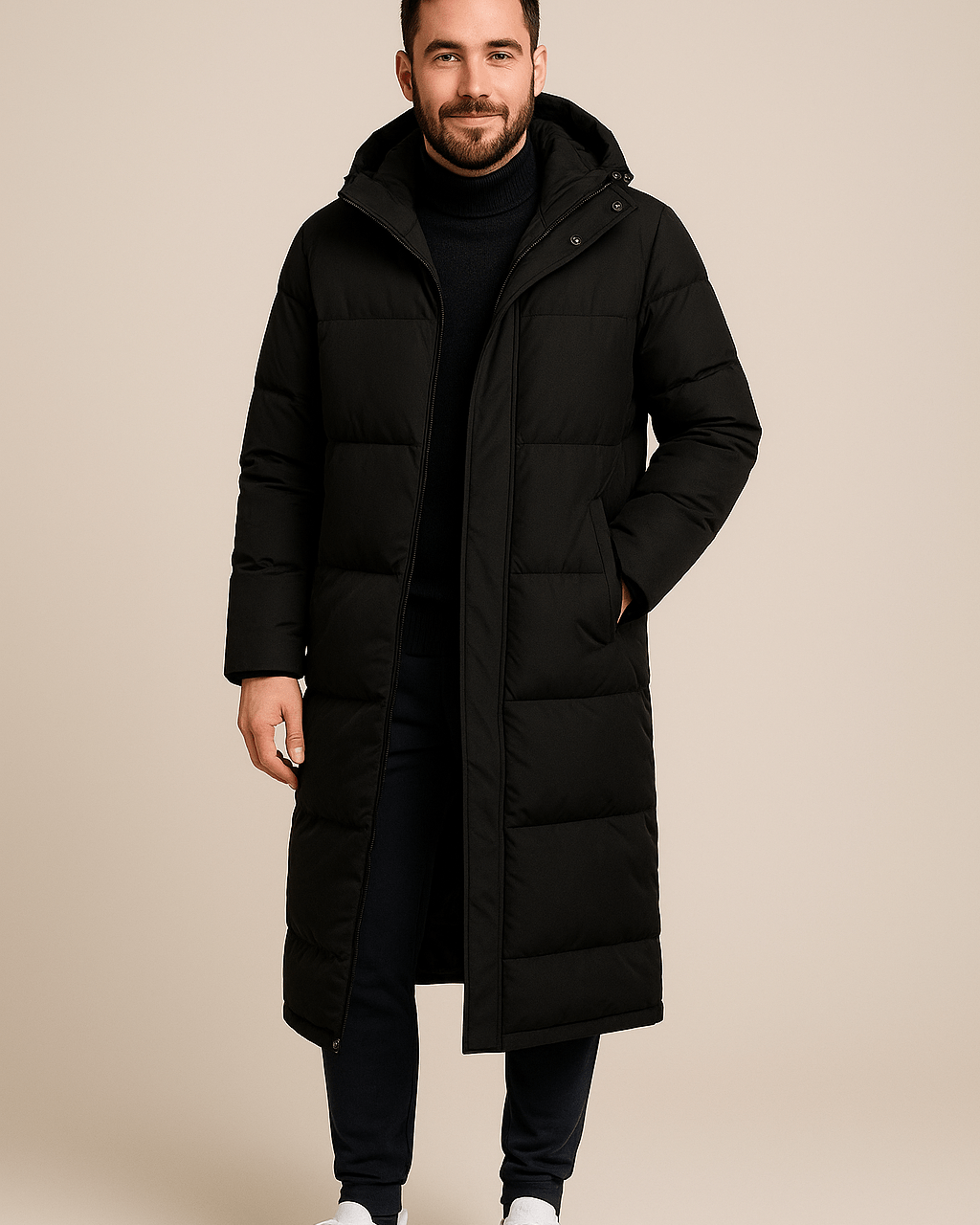 Heren Zwarte Puffer Jas - Met Capuchon en Lange Lengte - ZAMISI