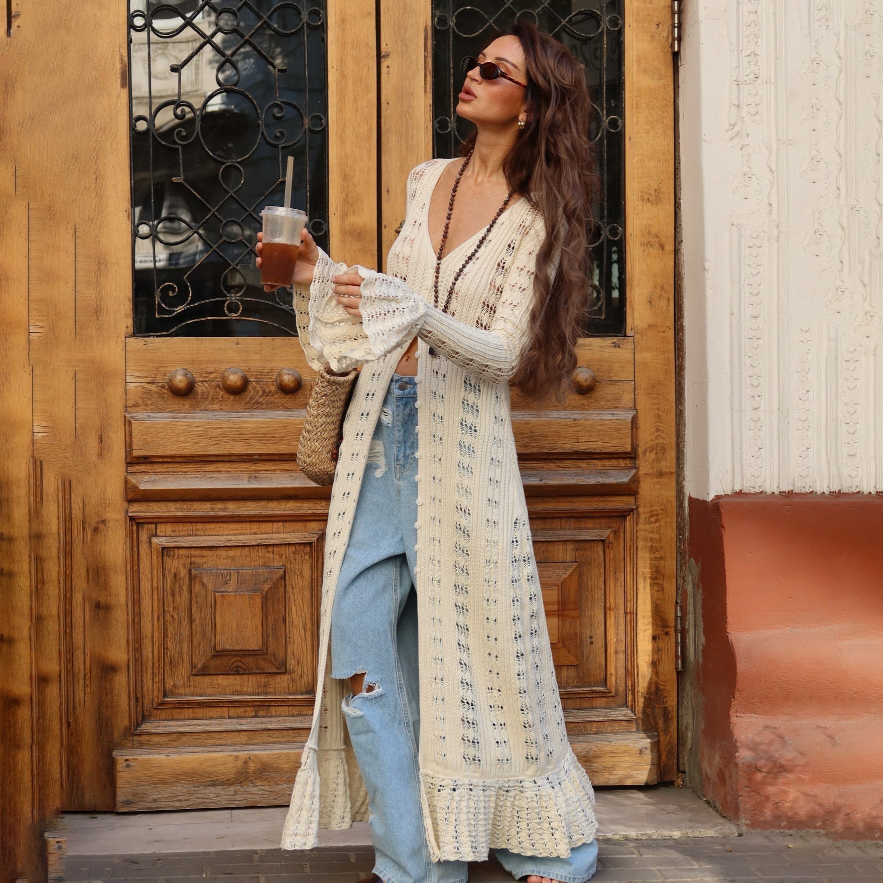 Dames Beige Bohemian Cardigan - Stijlvolle Knoopsluiting
