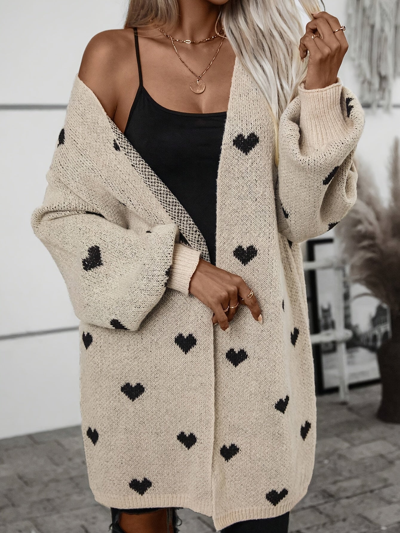 Dames Khaki Gebreide Cardigan - Stijlvol met HartjesprintZ - 0240 - ZAMISI
