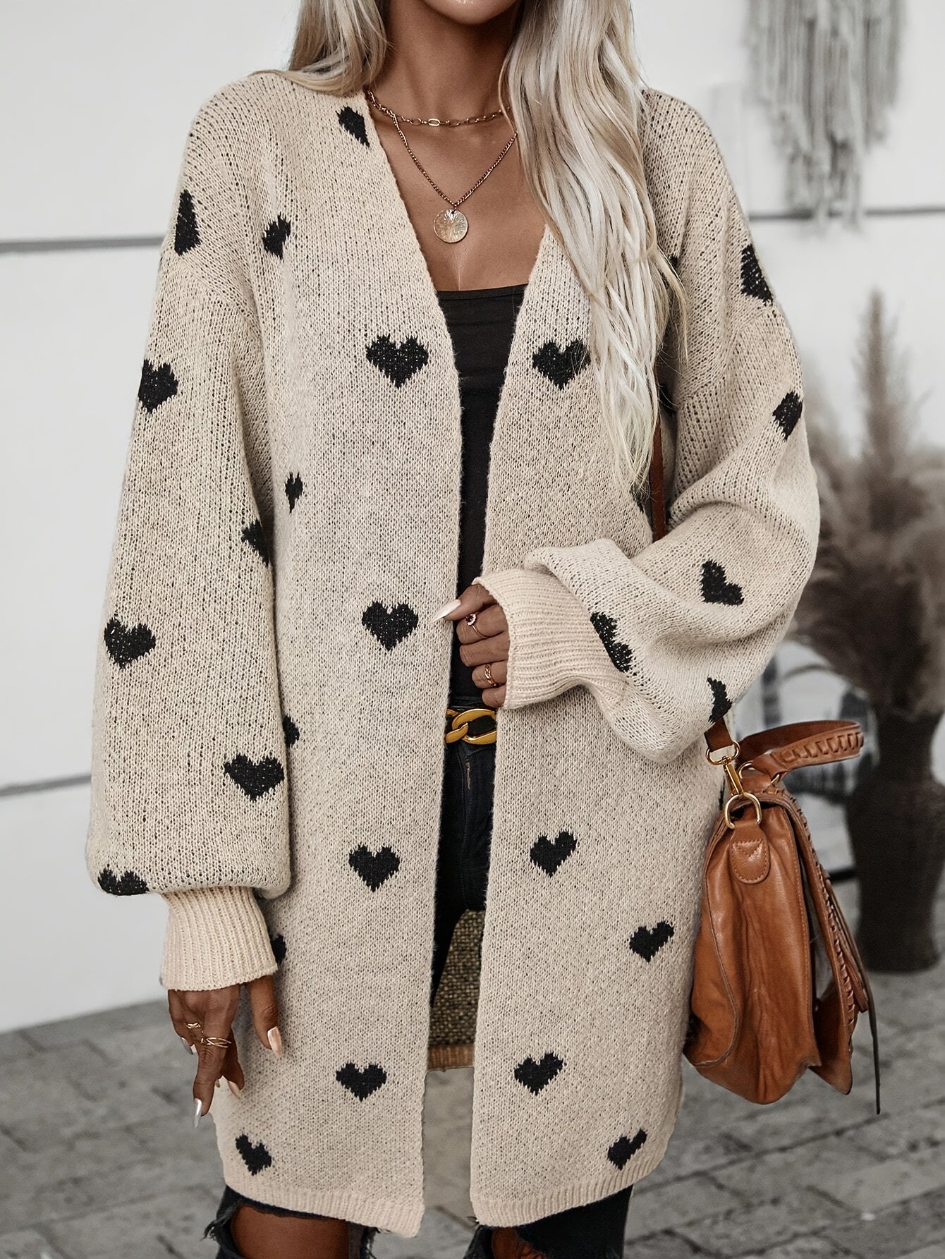 Dames Khaki Gebreide Cardigan - Stijlvol met HartjesprintZ - 0240 - ZAMISI