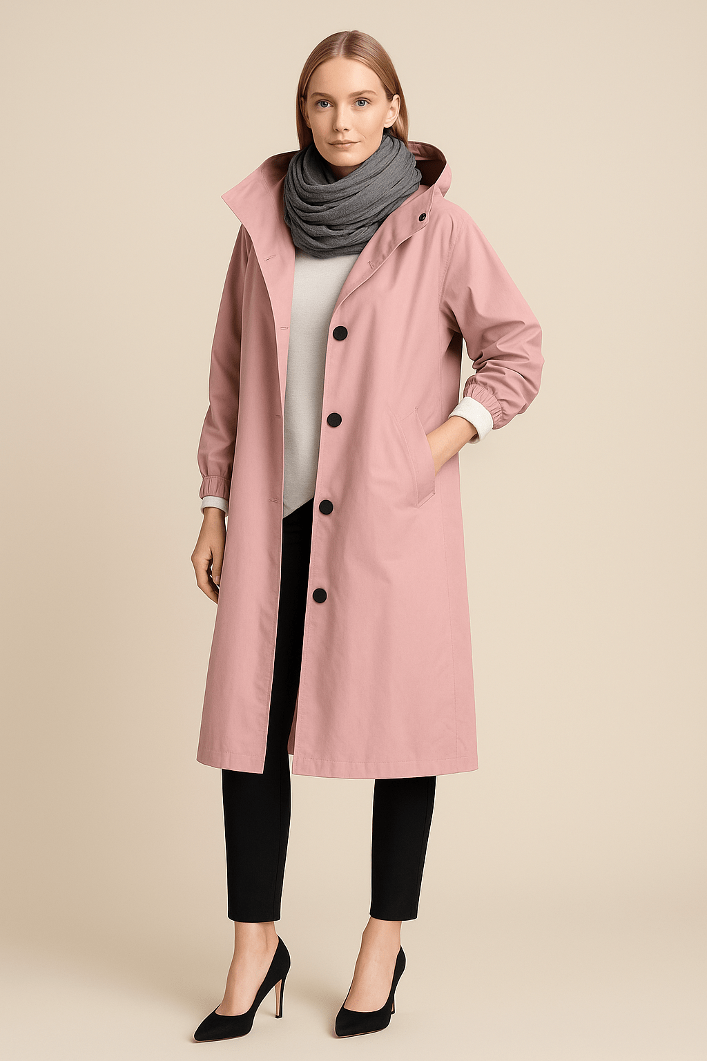 Dames Lange Jas met Capuchon - Knoopsluiting en Zijzakken - ZAMISI