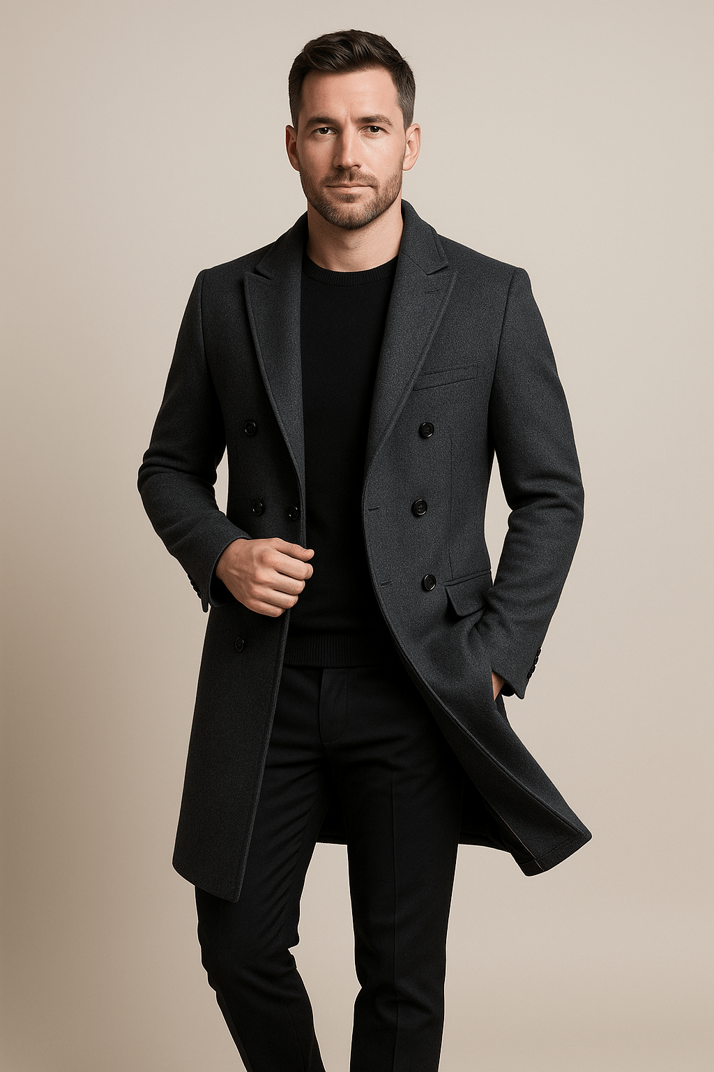 Heren Double - Breasted Overjas - Brede Revers en Lange Pasvorm - ZAMISI
