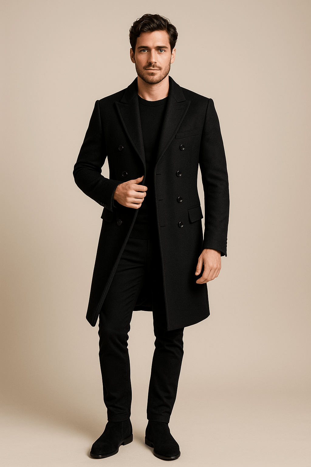 Heren Double - Breasted Overjas - Brede Revers en Lange Pasvorm - ZAMISI