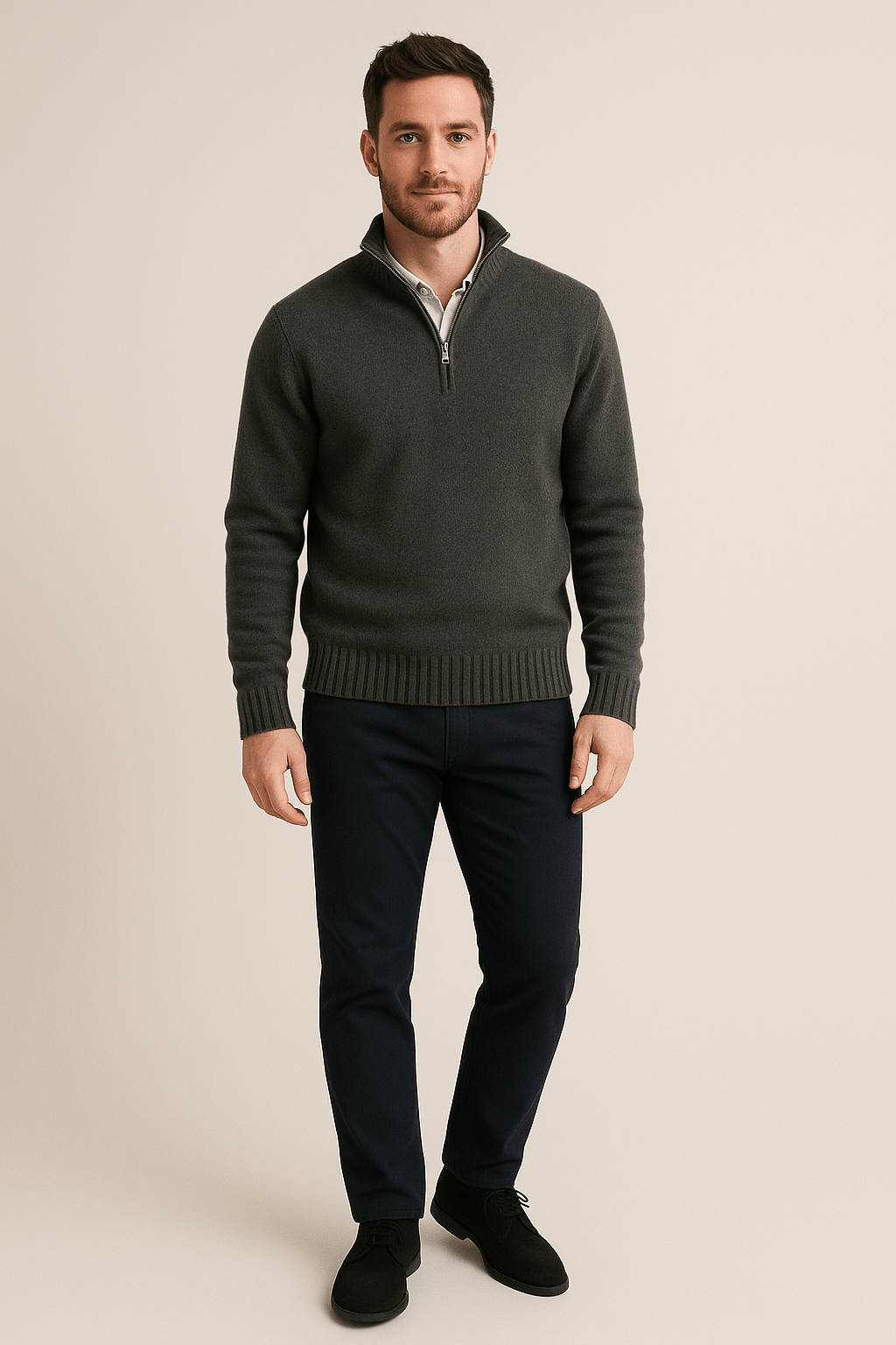 Heren Half - Zip Sweater - Staande Kraag en Glad Breiwerk - ZAMISI