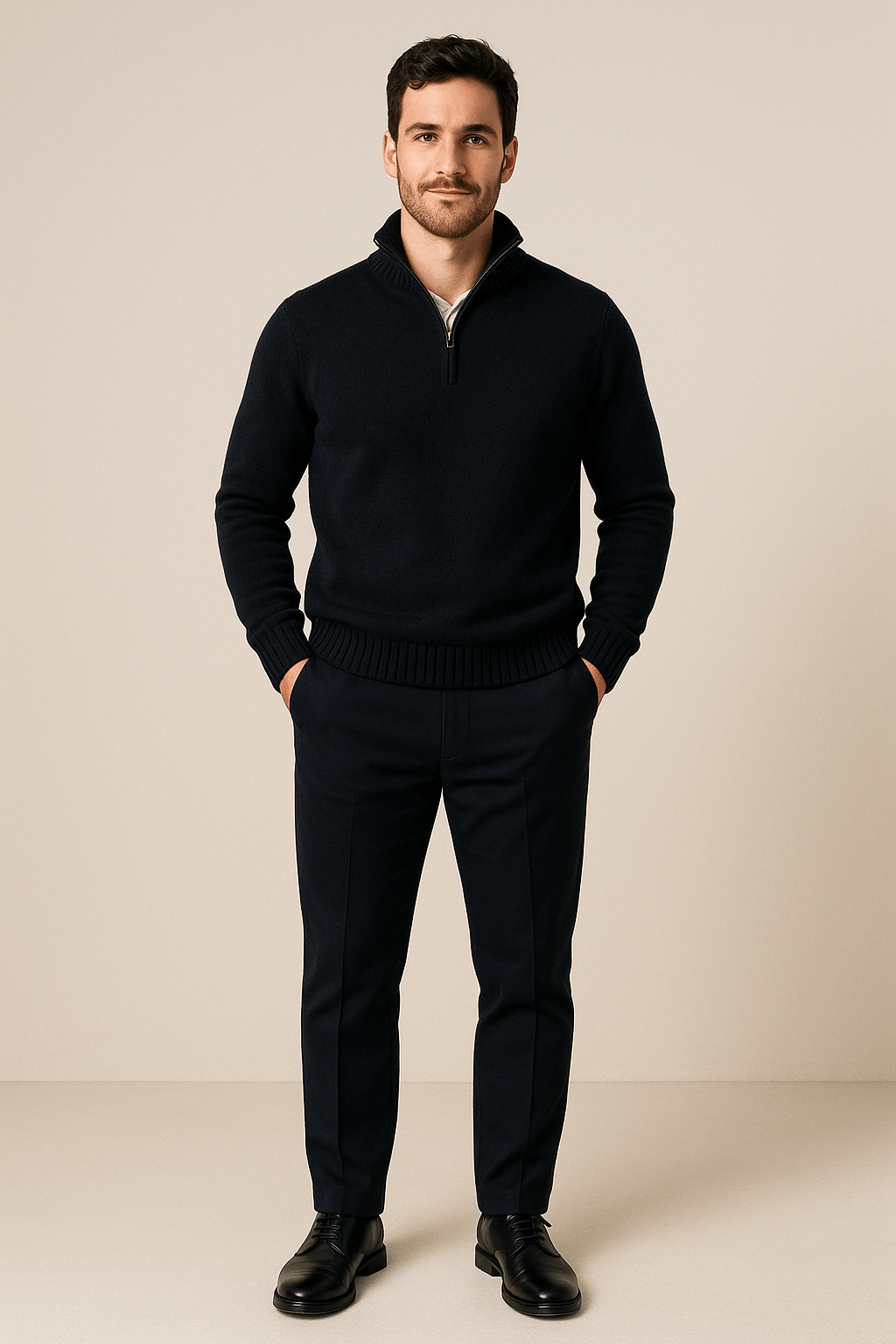 Heren Half - Zip Sweater - Staande Kraag en Glad Breiwerk - ZAMISI