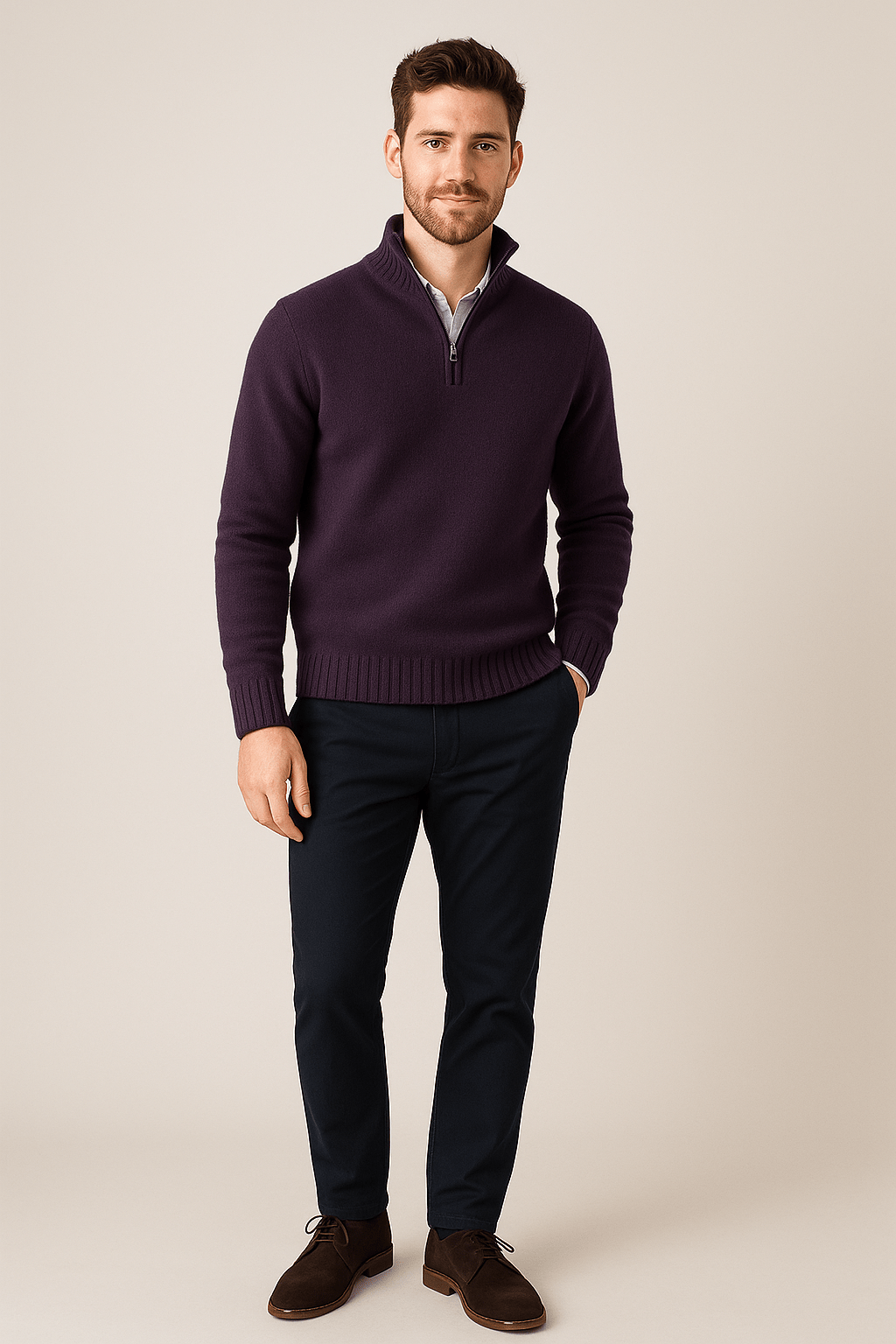 Heren Half - Zip Sweater - Staande Kraag en Glad Breiwerk - ZAMISI