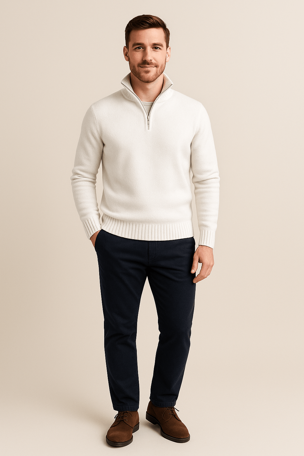 Heren Half - Zip Sweater - Staande Kraag en Glad Breiwerk - ZAMISI
